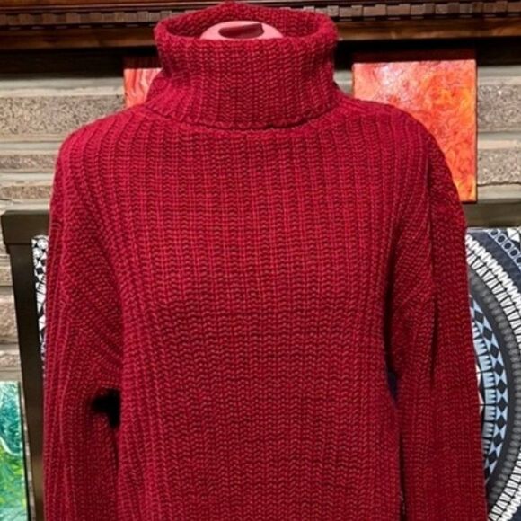 Chelsea Studio Red Chunky Knit Oversized Pullover Sweater Fringe Medium - Picture 2 of 9